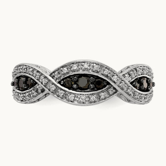 White and Black Diamond Twist Ring, 14K White Gold
