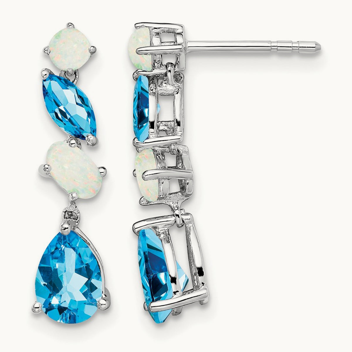 Blue Topaz and Opal Dangle Earrings, 14K White Gold