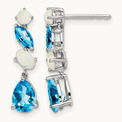 Blue Topaz and Opal Dangle Earrings, 14K White Gold