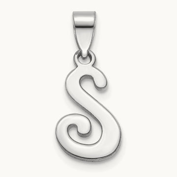 White Gold Script Letter S Initial Pendant, 14K White Gold