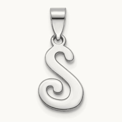 White Gold Script Letter S Initial Pendant, 14K White Gold
