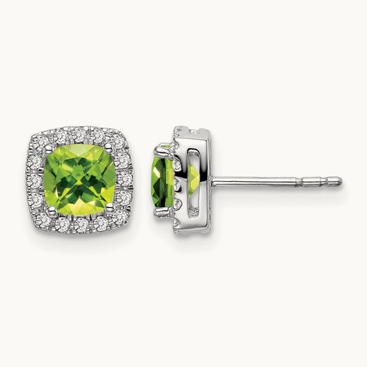 Cushion Peridot and Diamond Halo Earrings — 7.8mm