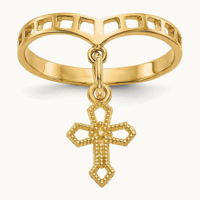 Polished Cross Dangle Charm Ring, 14K