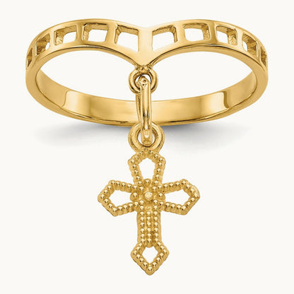 Polished Cross Dangle Charm Ring, 14K
