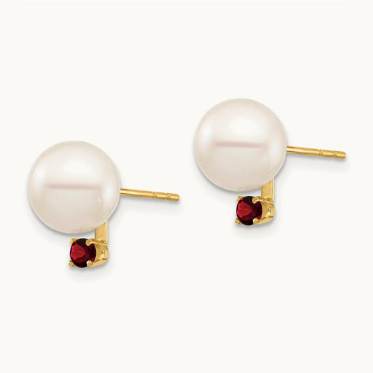 8- White Round Freshwater Cultured Pearl Garnet Post Earrings, 8.5mm, 14K