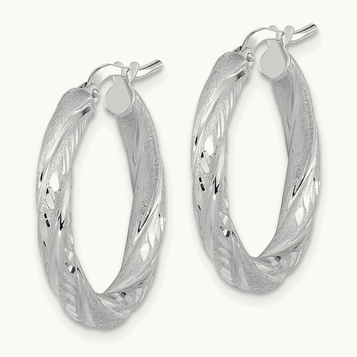 Polished & Satin Diamond-cut Hoop Earrings — 14K White Gold
