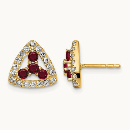 Created Ruby Triangle Post Earrings, 0.25 ct tw Lab-Grown Diamond — 14K Yellow Gold