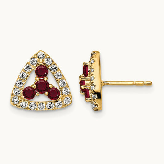 Created Ruby Triangle Post Earrings, 0.25 ct tw Lab-Grown Diamond — 14K Yellow Gold