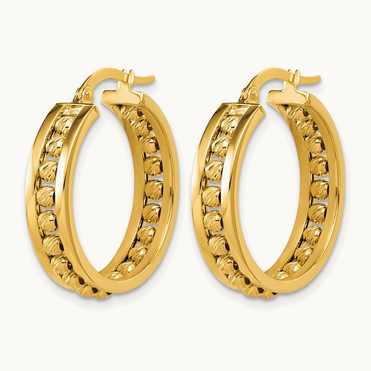 Polished and Diamond-cut Beaded Tube Hoop Earrings — 24.5mm
