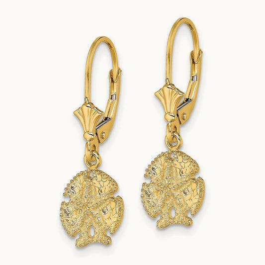 Sand Dollar W/Star Leverback Earrings, 14K