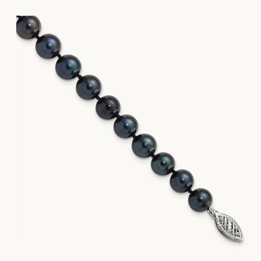 7- Round Black Saltwater Akoya Cultured Pearl Bracelet, 14K White Gold
