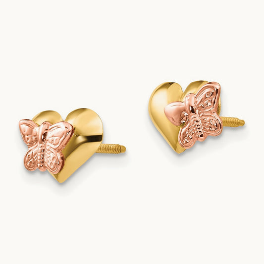 Madi K Polished & Rhodium Butterfly Heart Screwback Earrings, 14K