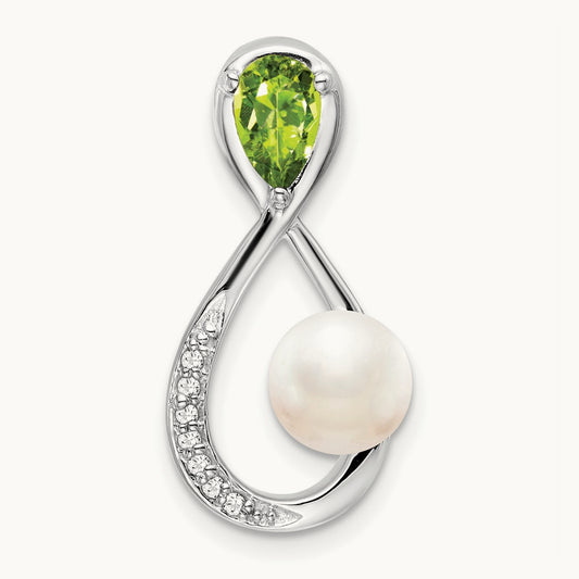 Peridot/FWC Pearl/Diamond Infinity Chain Slide, 14K White Gold