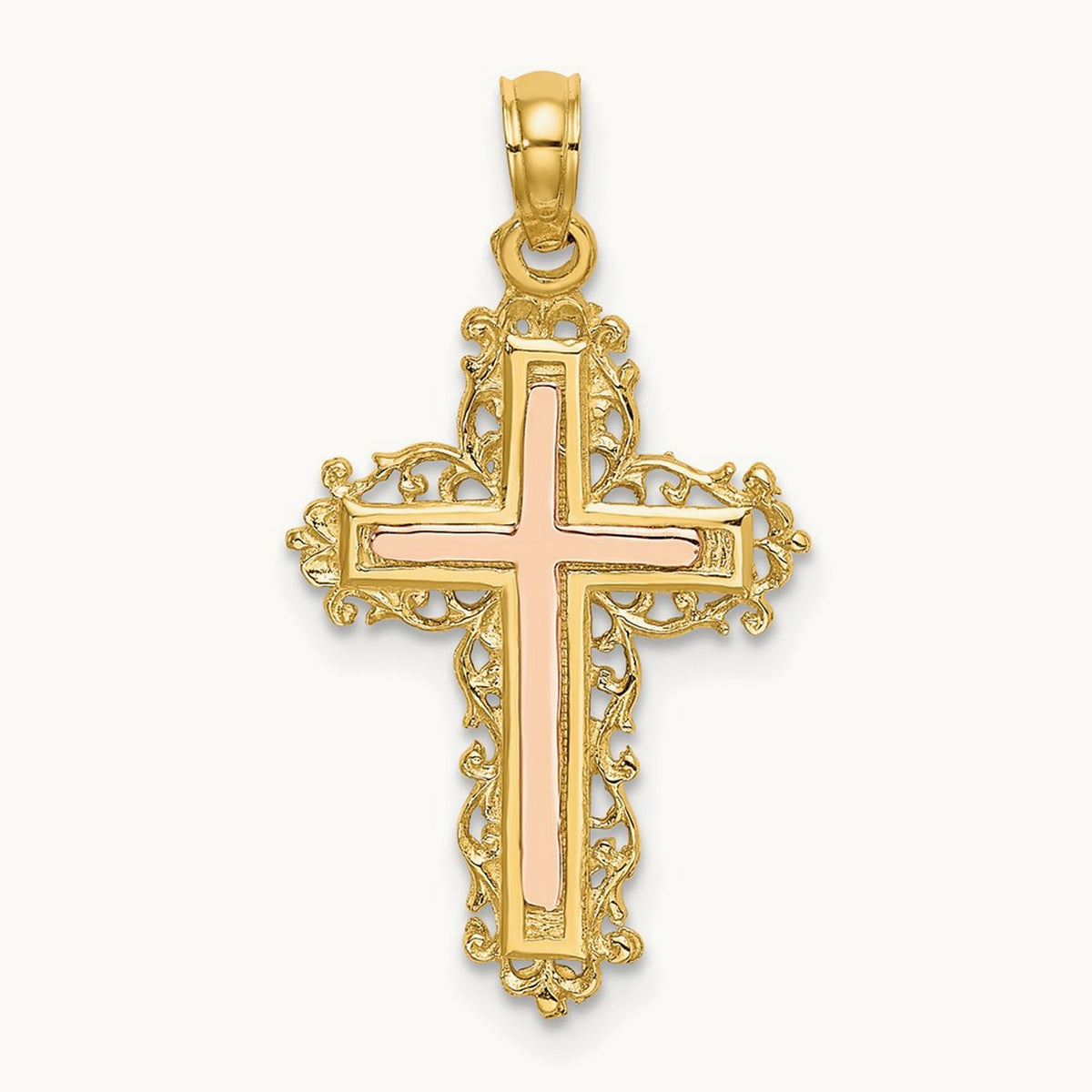 Cross with Lace Trim Charm — 14K Two-Tone Gold
