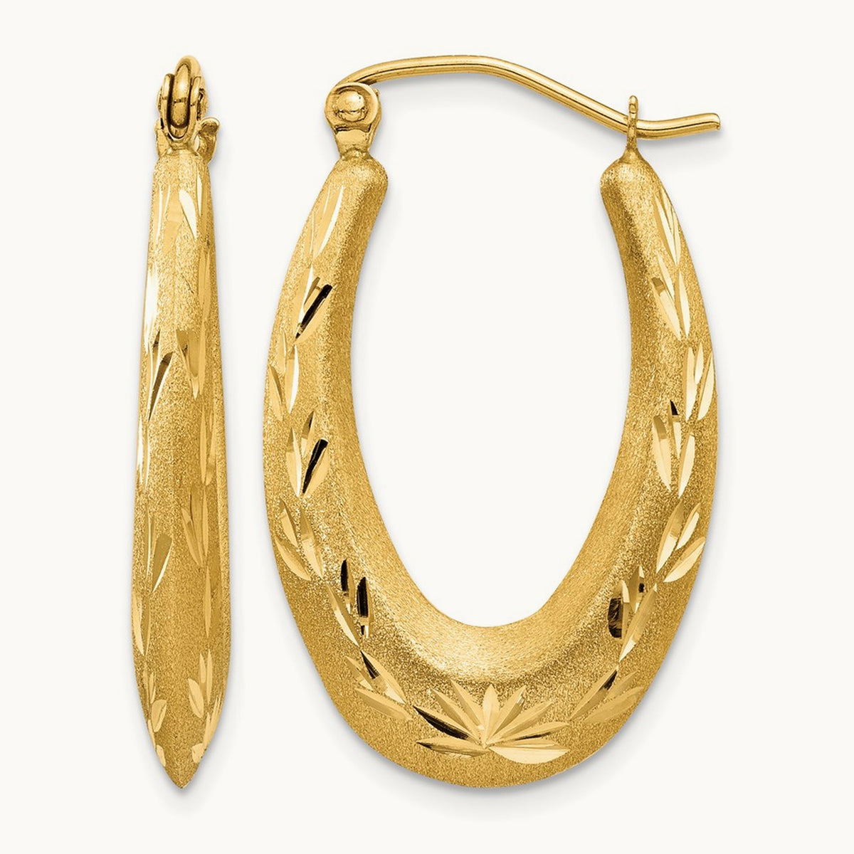 Satin Diamond Cut Hollow Hoop Earrings, 14K