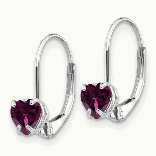 Heart Rhodolite Garnet Leverback Earrings, 5mm, 14K White Gold