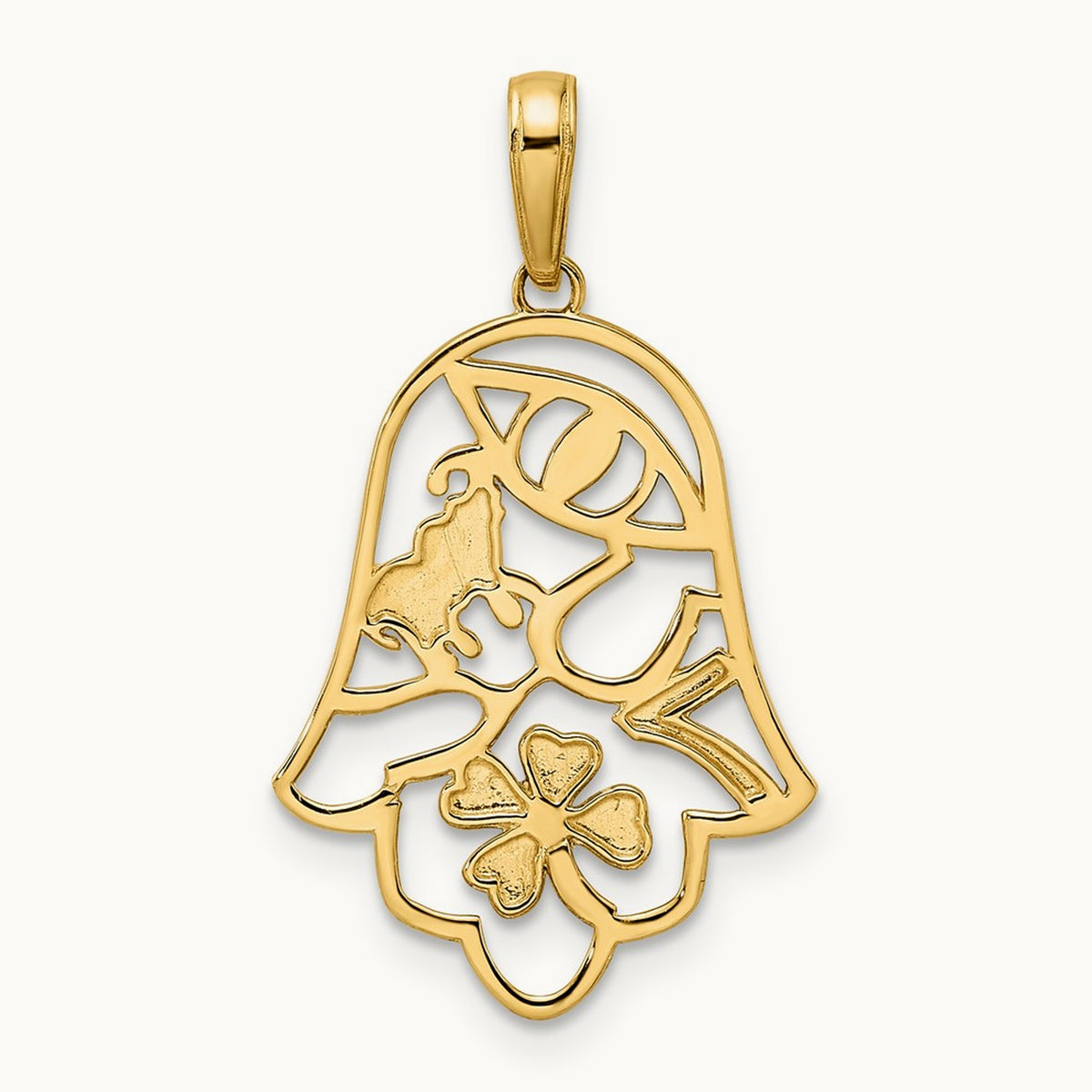 & White Rhodium D/C Good Luck Symbols on Hamsa Pendant, 14K