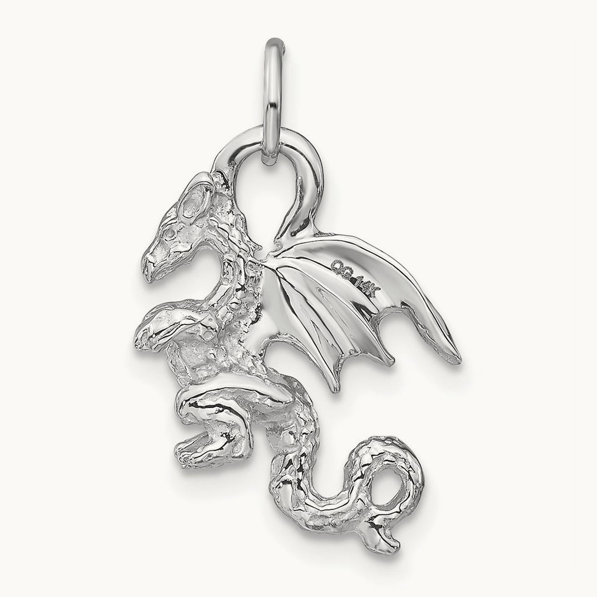 Solid Polished 3-D Dragon Charm — 14K White Gold