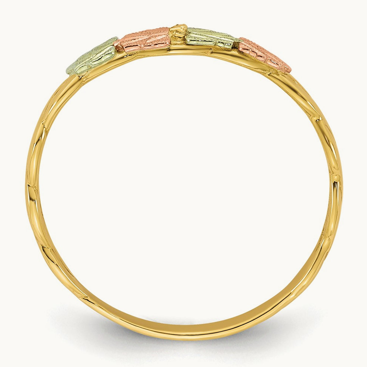 w/12k Accents Tri-color Black Hills Gold Diamond-cut Leaf Ring, 10K