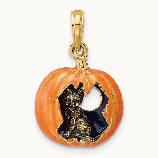 3-D Enameled Pumpkin w/Black Cat and Moon Charm, 14K