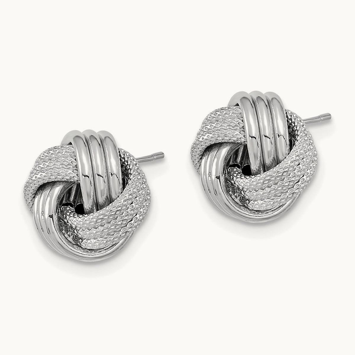 Polished Textured Love Knot Post Earrings — 14K White Gold, 10.5mm
