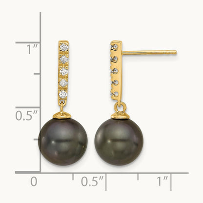 9- Round Black Tahitian Pearl and .20ct Dia Post Dangle Earrings, 10mm, 14K