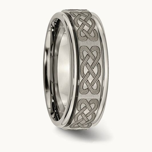 Brushed & Polished Celtic Laser Design Ridged Edge Band — photo set