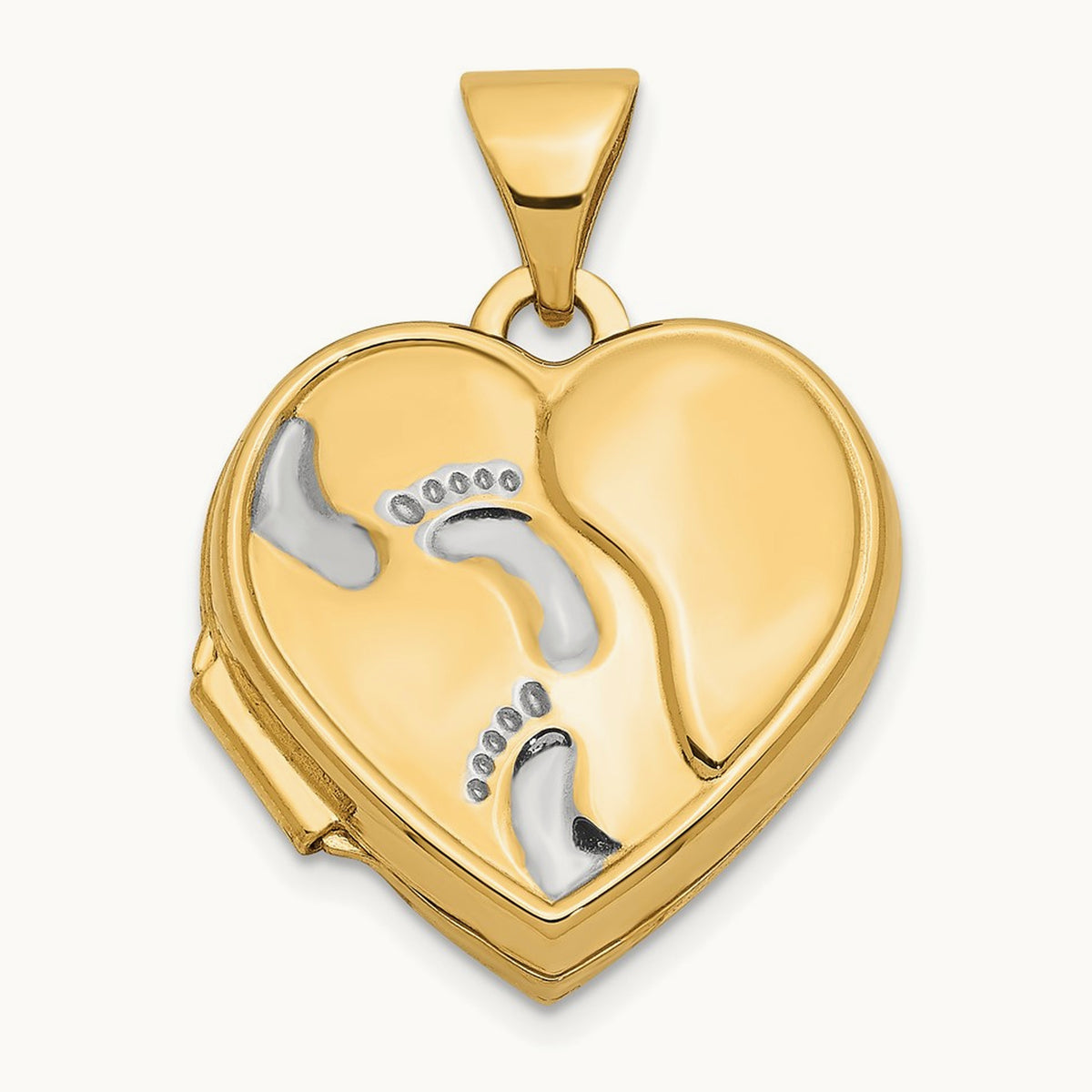 w/ White Rhodium Heart Foot Prints Locket, 15mm, 14K Yellow Gold