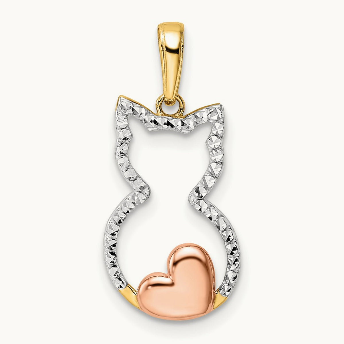 Diamond-cut Cat Heart Pendant, 14K with White Rhodium