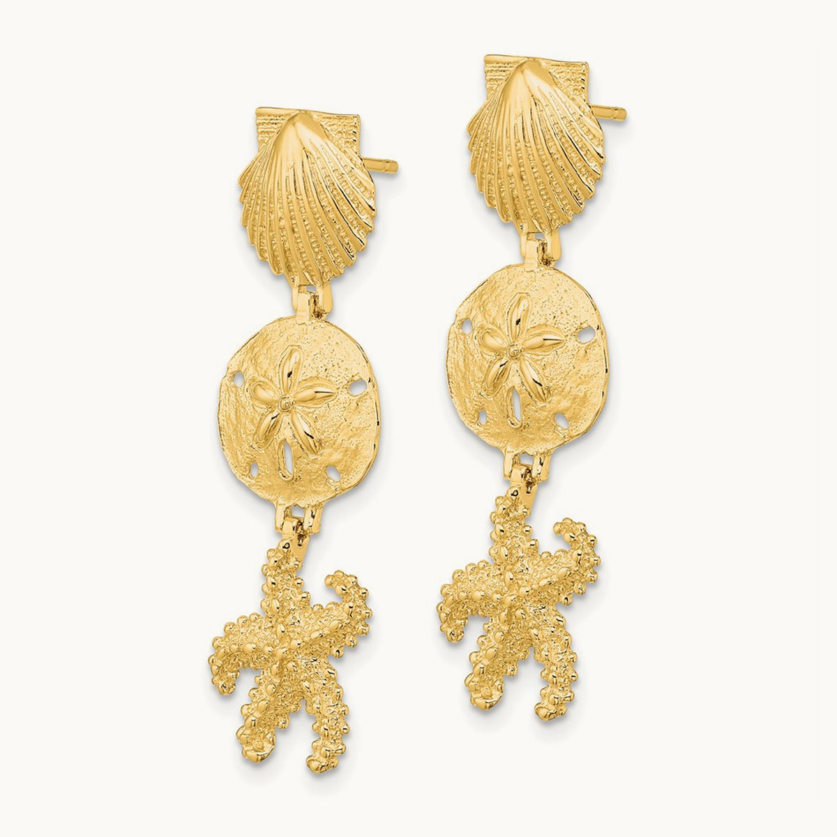 Shell, Sand Dollar ,Starfish Post Dangle Earrings, 14K