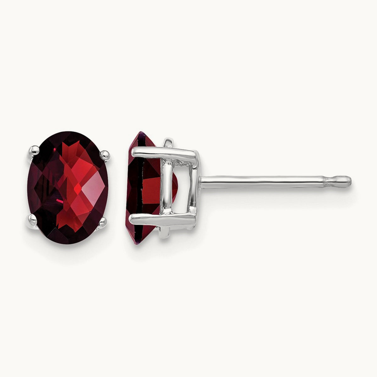 7x5mm Oval Garnet Checker Earrings, 14K White Gold