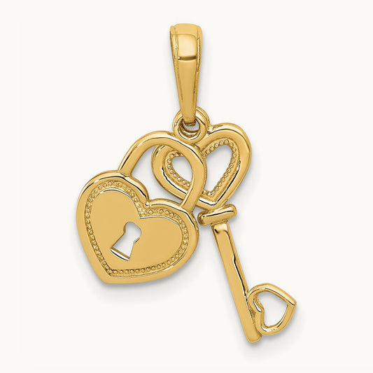 Polished Moveable Heart Key and Heart Lock Charm, 14K