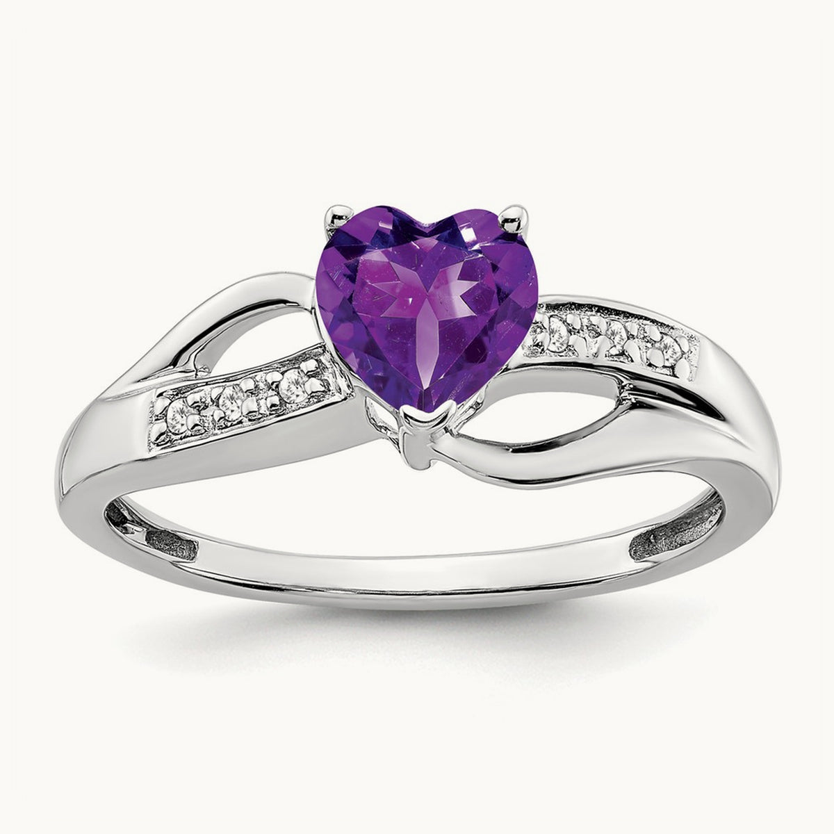 Amethyst and Diamond Heart Ring — 14K White Gold, 7