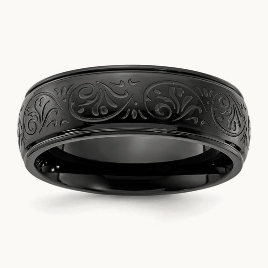 Polished Black IP Etched Design Ridged Edge Band, 7.5mm, Stainless Steel