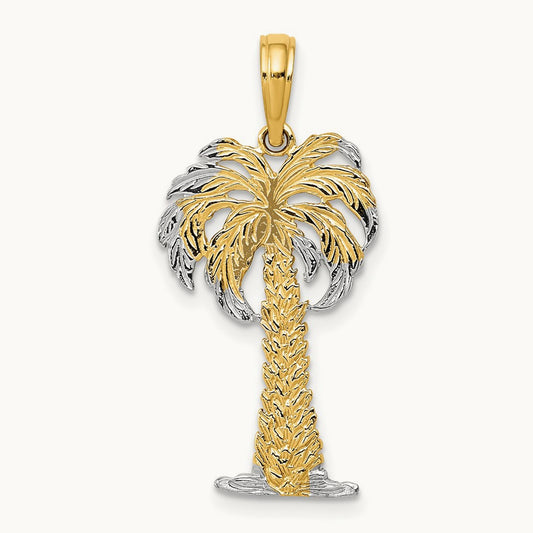 w/ Rhodium Polished And Textured Palm Tree Pendant, 14K