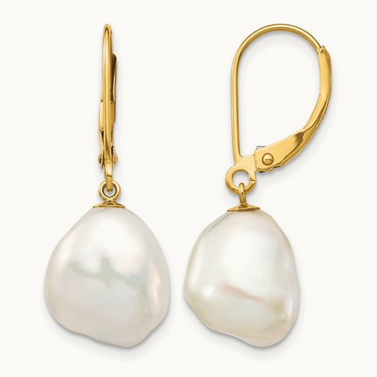 10x12mm White Keshi Freshwater Cultured Pearl Leverback Earrings, 14K