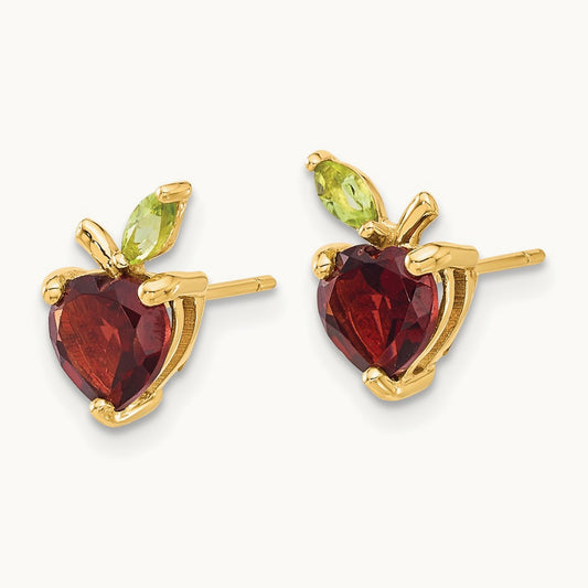 Garnet and Peridot Apple Post Earrings, 14K Gold