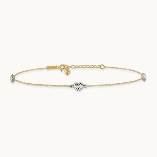 Puff Heart 9in Plus 1in ext Anklet, 14K Two-tone
