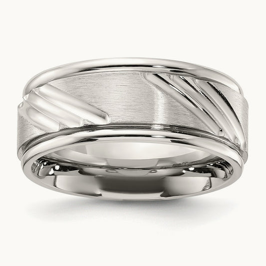 Polished w/Brushed Center Grooved Band, 9.00mm, Stainless Steel