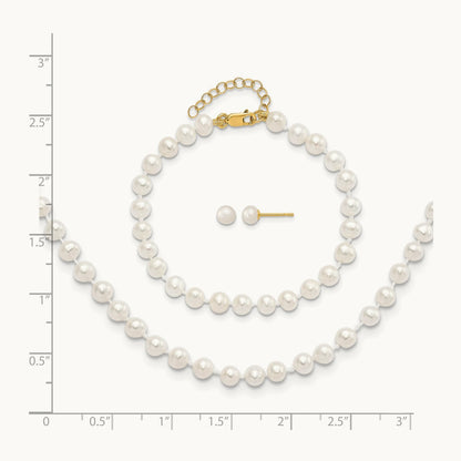 4- FW Cultured Pearl 5 w/1 ext Bracelet 14 w/1 ext Neck Earring Set, 5mm, 14K