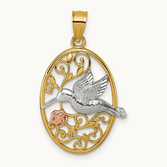 w/White Rhodium Polished Humming Bird & Flower Pendant, 14K Two-tone