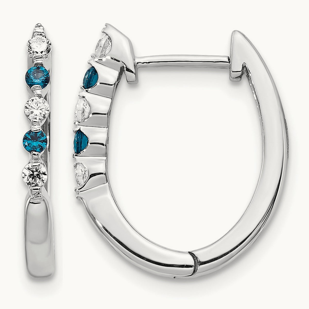 Blue/White Diamond Hinged Hoop Earrings, 14K White Gold