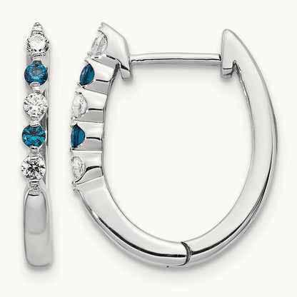 Blue/White Diamond Hinged Hoop Earrings, 14K White Gold