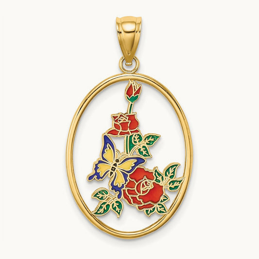 Enamel Yellow Butterfly in Oval Red Flower Charm, 14K