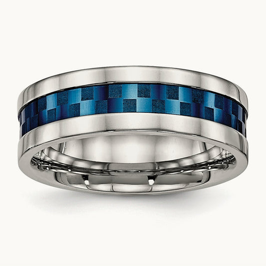 Polished Blue IP-plated Checkered Design Band, 7mm, Stainless Steel