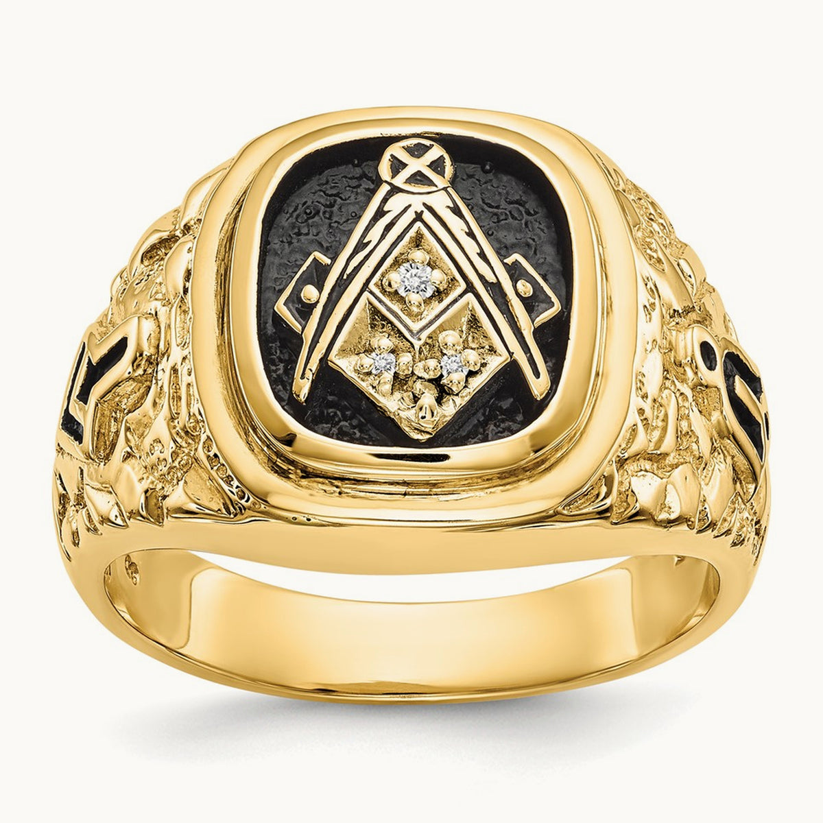 Polished, Antiqued and Nugget Texture Diamond Masonic Ring, 14K