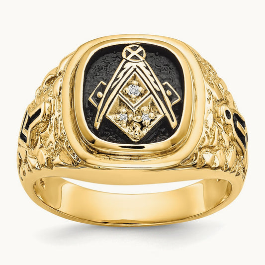Polished, Antiqued and Nugget Texture Diamond Masonic Ring, 14K