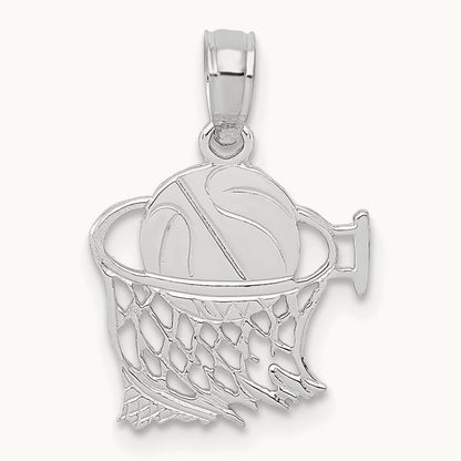 Basketball in Net Pendant, 14K White Gold