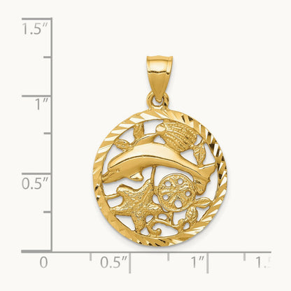 Diamond-cut Dolphin and Shells Circle Pendant, 14K