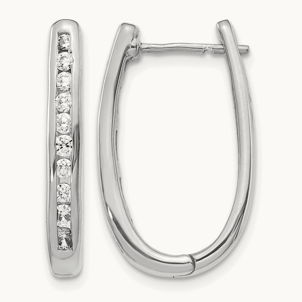 Diamond Oval Hinged Hoop Earrings — 14K White Gold